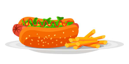 Delicious hotdog sandwich snack with sausage, salad leaves, ketchup and french fries potato on plate isolated on white background. Street fast food menu icon for restaurant, cafe or bistroのイラスト素材