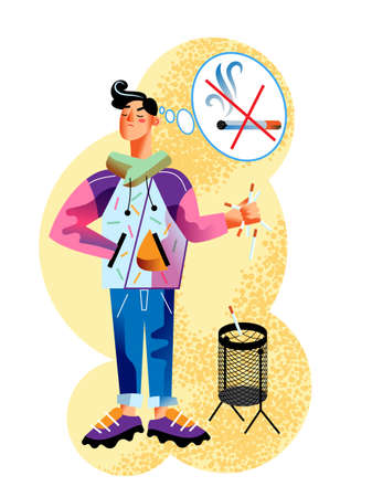 Vector character casual young man stops smoking and throws cigarettes into the trash. Choose healthy lifestyle, anti tobacco and no smoking life. Concept of self control, life change and good habitsのイラスト素材