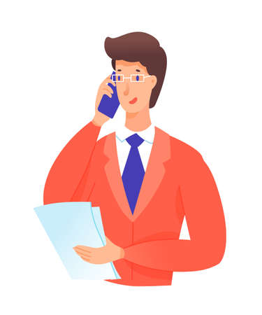 Businessman talking phone on white backgroundのイラスト素材