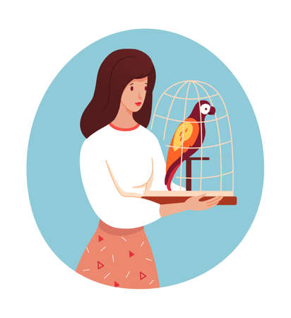Woman holding parrot in cage expecting vet doctorのイラスト素材