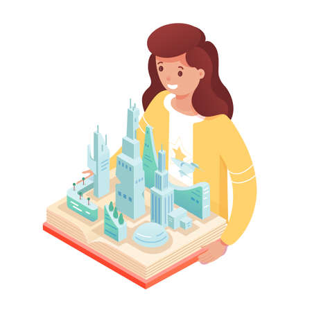 Girl with pop up book. Smiling cute kid reads story about modern smart city, skyscrapers. Educational textbook with three-dimensional pages develops imagination. Vector character illustration.のイラスト素材