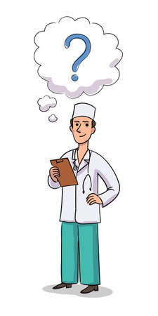 Vector character illustration of thinking doctor holds tabletのイラスト素材