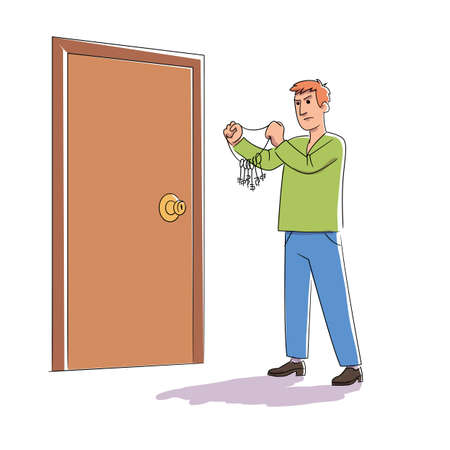 Man choosing key from door on white backgroundのイラスト素材