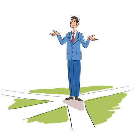 Thoughtful businessman standing on crossroadsのイラスト素材