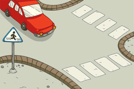 Vector empty crosswalk with moving car, road signのイラスト素材