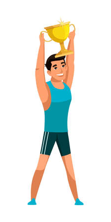 Male athlete in sports uniform standing in view front, holds golden cupのイラスト素材