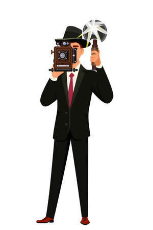 Photographer character with retro camera on whiteのイラスト素材