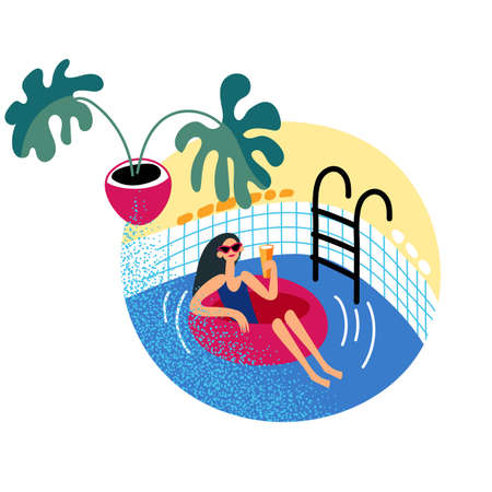 Woman in swimsuit relaxation in pool, swimming in rubber ringのイラスト素材