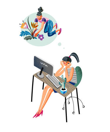 Woman at workplace thinking about gardening flowersのイラスト素材