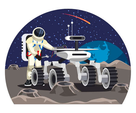 Vector man astronaut repairing moon rover carのイラスト素材