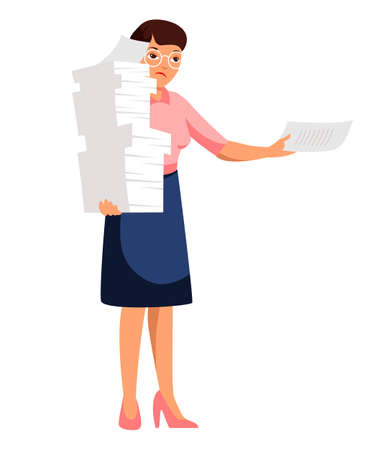 Sad unhappy secretary with paper pile on whiteのイラスト素材