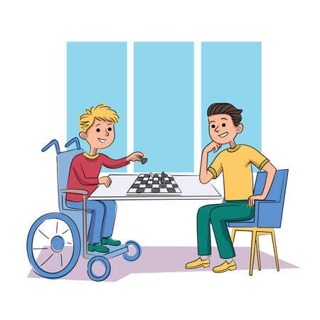 Disabled and healthy children friend playing chessのイラスト素材