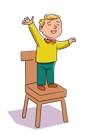 Smiling kid standing on chair isolated on whiteのイラスト素材