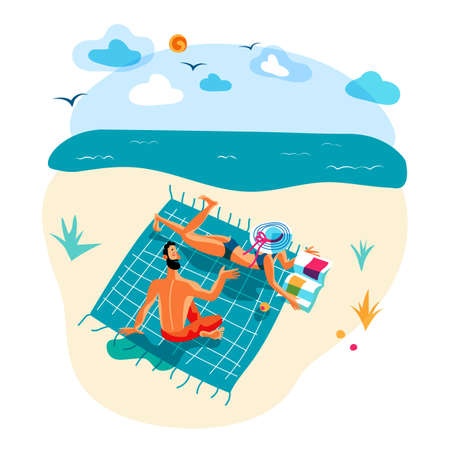 Happy vector man and woman rest on beach in summerのイラスト素材