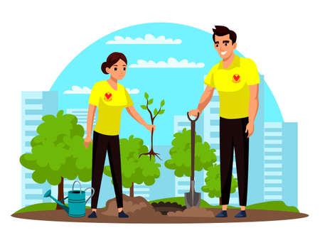 Man and woman volunteer planting tree in green parkのイラスト素材