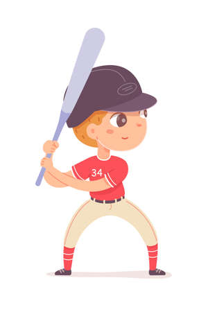 Boy playing baseball with bat. Happy kid doing healthy exercise vector illustration. Cute child plays game at competition, ready in position isolated on white backgroundのイラスト素材