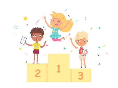 Kids on podium after competition. Happy boys and girl with diplomas and medals. School achievements and success vector illustration. Winners on pedestal, celebration with rewardsのイラスト素材