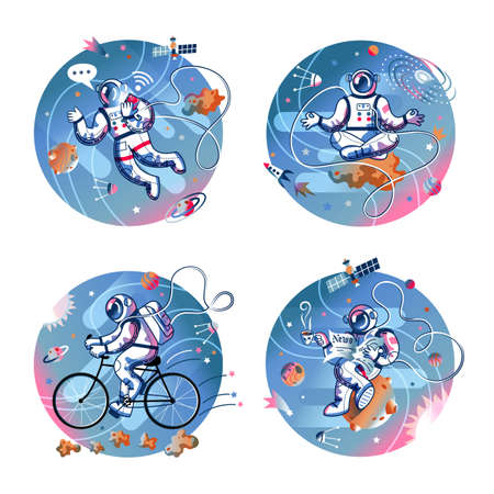 Funny astronaut in space set. Man reading newspaper with coffee, meditating, riding bicycle, messaging with phone. Space exploration fun entertainment vector illustrationのイラスト素材