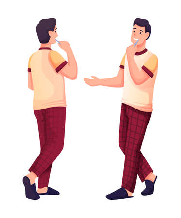 Man brushing teeth. Person in pajamas in restroom or washroom vector illustration. Young happy guy smiling and holding toothbrush isolated on white background. Front and back viewのイラスト素材