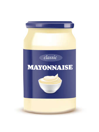 Mayonnaise sauce bottle with cap. Closed jar with mayo vector illustration. Can with blue packaging isolated on white background. Tasty creamy dressing for food product designのイラスト素材