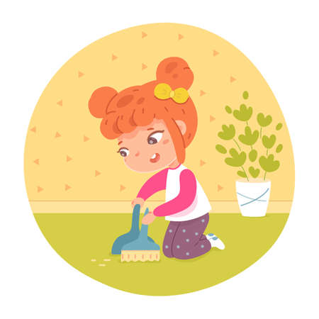 Girl helping sweep floor with dustpan in living room. Kid helps cleaning litter on floor at home vector illustration. Modern room interior design with plant and wall backgroundのイラスト素材