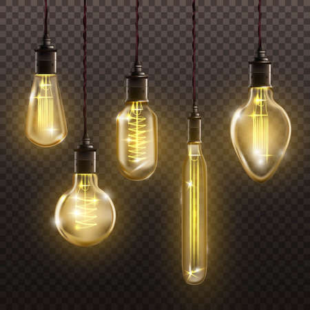 Vintage light bulbs hanging on filament set. Retro decor design vector illustration. Antique yellow glowing lanterns in glass with strings from ceiling on transparent backgroundのイラスト素材