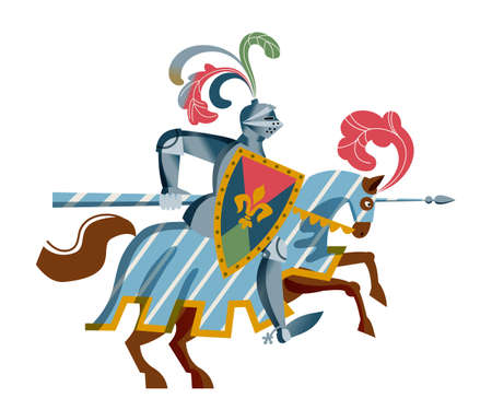 Medieval knight in armor on horse character. Warrior with spear and shield in Middle Ages period vector illustration. Chivalrous brave man with weapon in tournament isolated on white backgroundのイラスト素材