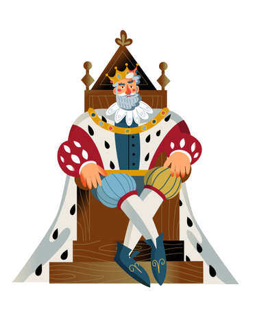 Medieval king sitting on throne. Royal man emperor in Middle Ages vector illustration. Historical person in traditional costume with mantle and crown isolated on white backgroundのイラスト素材