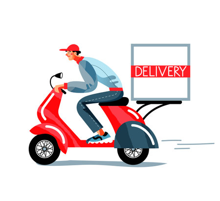 Young man delivering box. Happy smiling guy driving in red scooter with food from restaurant or furniture, objects from shop or store vector illustration. Boy on white backgroundのイラスト素材