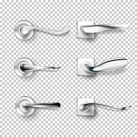 Door handles set on transparent background. Realistic doorknobs at home, hotel or office. Decorative security elements vector illustration. Modern design, objects for safetyのイラスト素材