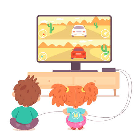 Kids playing video games on tv at home. Happy boy and girl holding console and playing videogames with joysticks in hands. Entertainment at home with technology vector illustrationのイラスト素材