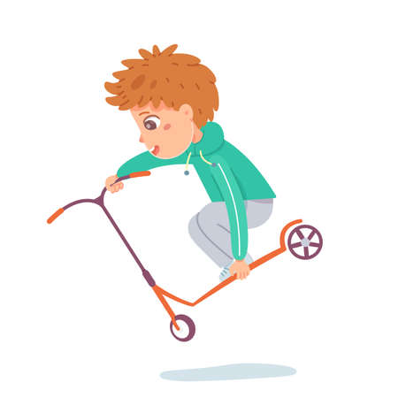 Kid riding on scooter, doing stunt. Happy boy jumping and holding to scooter in air isolated on white background. Recreation at skatepark playground vector illustration. Modern youth leisureのイラスト素材