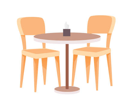 Cafe table with two chairs, interior design elements. Two wooden chairs, table with paper tissues in box vector illustration. Furniture design in restaurant or cafe on white backgroundのイラスト素材