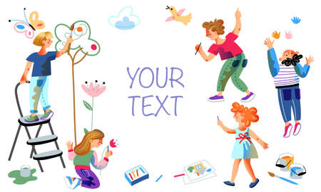 Invitation card to painting event for kids. Happy smiling girls and boys inviting to drawing class vector illustration. Place for text on white background. Children drawing outdoorのイラスト素材