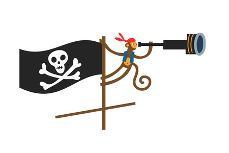 Pirate monkey holding spyglass, flag with skeleton symbol. Sailing ship with piratic emblem on black flag, animal on white background. Adventure and marine piracy vector illustrationのイラスト素材