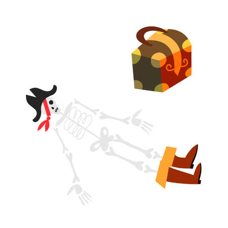 Pirate skeleton lying near closed treasure chest. Piratic dead sailor on ground, chest with money or gold on white background. Adventure and marine piracy vector illustrationのイラスト素材