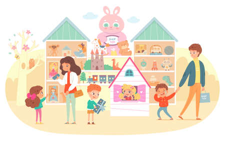 Toy and gift shop for kids. Parents with children buying toys vector illustration. Shelves with dolls, balls, bear, cars, robot, train, castle. Girl in house, boy with gift, boy cryingのイラスト素材