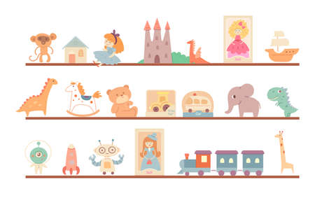 Toys and gifts for kids on shelves in shop. Display in store for children vector illustration. Shelves with dolls, teddy bear, car, bus, robot, train, dino, castle in rows on white backgroundのイラスト素材