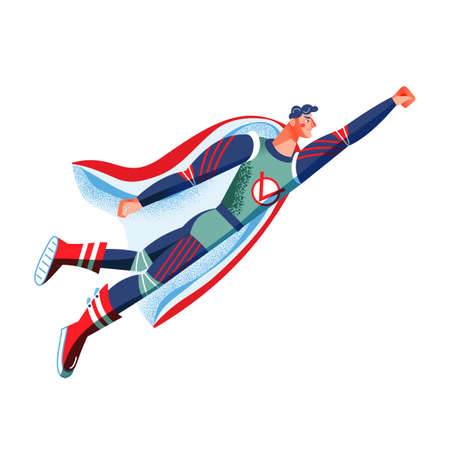 Male superhero in costume flying. Superboy with cape vector illustration. Cartoon comic man with powers posing isolated on white background. Brave boy hurrying to save peopleのイラスト素材
