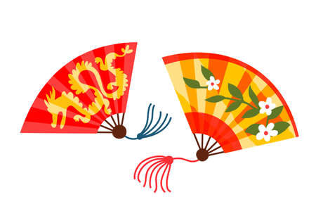 Chinese New Year fans set. Traditional Asian festival vector illustration. Fans with different patterns and drawings on white background. Flowers with leaves or golden dragonのイラスト素材
