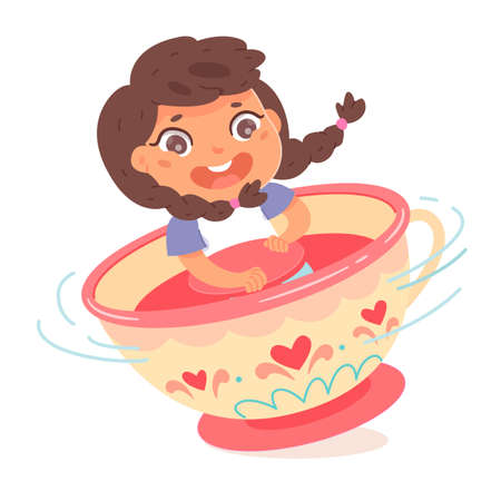 Girl riding in amusement park in cup carousel. Happy child sitting in seat moving in roundabout vector illustration. Kid having fun in summer carnival or fair on white backgroundのイラスト素材