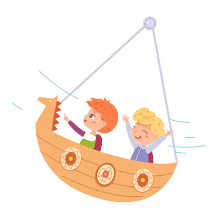 Kids riding in amusement park ship swing. Happy children standing in attraction moving in air vector illustration. Boys having fun in summer carnival or fair on white backgroundのイラスト素材