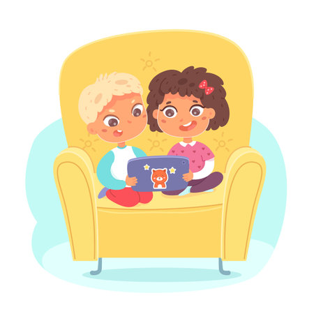 Kids sitting with tablet. Little boy and girl looking at tablet in yellow armchair. Children with mobile devices vector illustration. Indoor fun activities with electronicsのイラスト素材