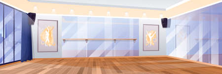 Ballet studio interior design background. Room in dancing school for lessons with handrail, wooden floor, mirror, posters with ballerinas, window. Horizontal panorama vector illustrationのイラスト素材