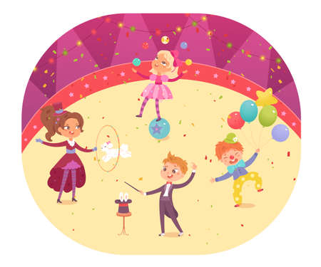 Cute children in circus performance, adorable child characters perform show togetherのイラスト素材