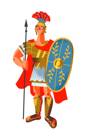 Ancient Roman empire soldier with spear and shield. Rome history and culture vector illustration. Happy young warrior standing and smiling with weapon on white backgroundのイラスト素材