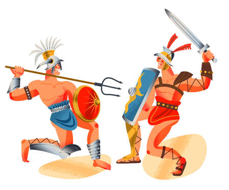Ancient Roman empire gladiators fighting. Rome history and culture vector illustration. Muscular warriors with weapon, shields and helmets fight on arena on white backgroundのイラスト素材