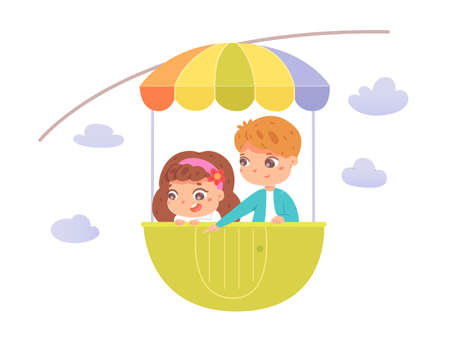 Kids riding in amusement park ferris wheel. Happy children standing in cart moving in air vector illustration. Boy and girl having fun in summer carnival or fair on white backgroundのイラスト素材