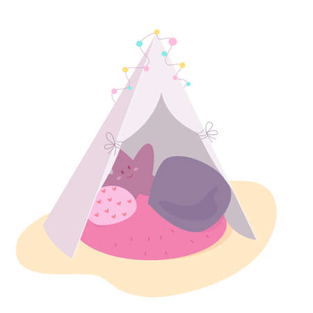 Empty blanket fortress, tent or homemade teepee at home, cute tipi with toy and pillowsのイラスト素材
