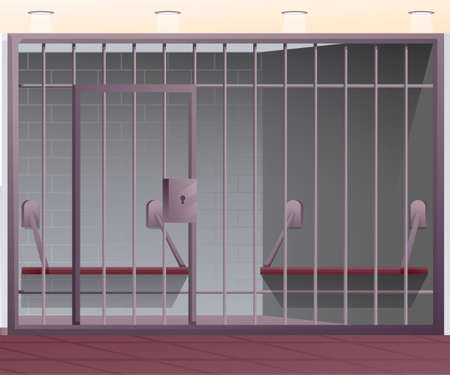 Jail prison metal bars with door, 3d benches inside cell for criminals after arrestのイラスト素材